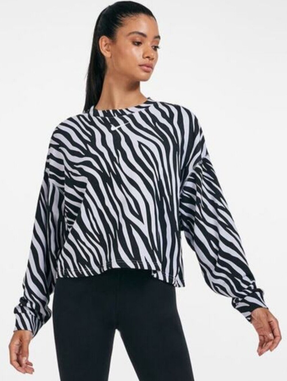 Nike Icon Clash Black Lavender Zebra Print Crop Crewneck Sweatshirt Size Medium